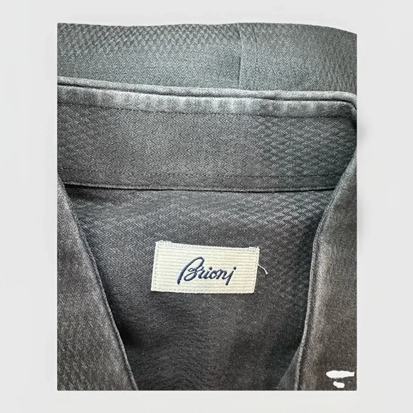 Brioni Long Sleve Button Up Dress Shirt Black Textured Italy Mens Size XL Cotton